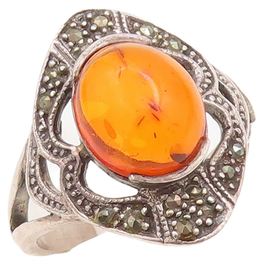 925 Sterling Silver Vintage Ring Designer Marcasite Inlay Amber  Sz 10  RG28784