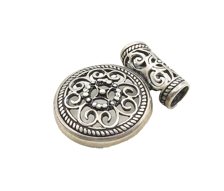925 Sterling Silver  Vintage Round Floral Pretzel Swirl Slide Pendant  PT15340