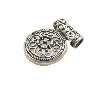 925 Sterling Silver  Vintage Round Floral Pretzel Swirl Slide Pendant  PT15340