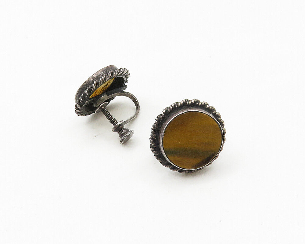 925 Sterling Silver  Vintage Tiger's Eye Twist Non Pierce Earrings  EG8925