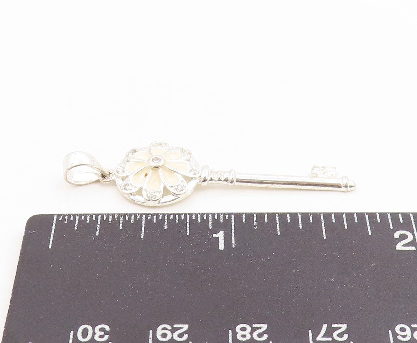 925 Sterling Silver Vintage Pendant Modernist Enamel CZ Floral Key Charm PT26192