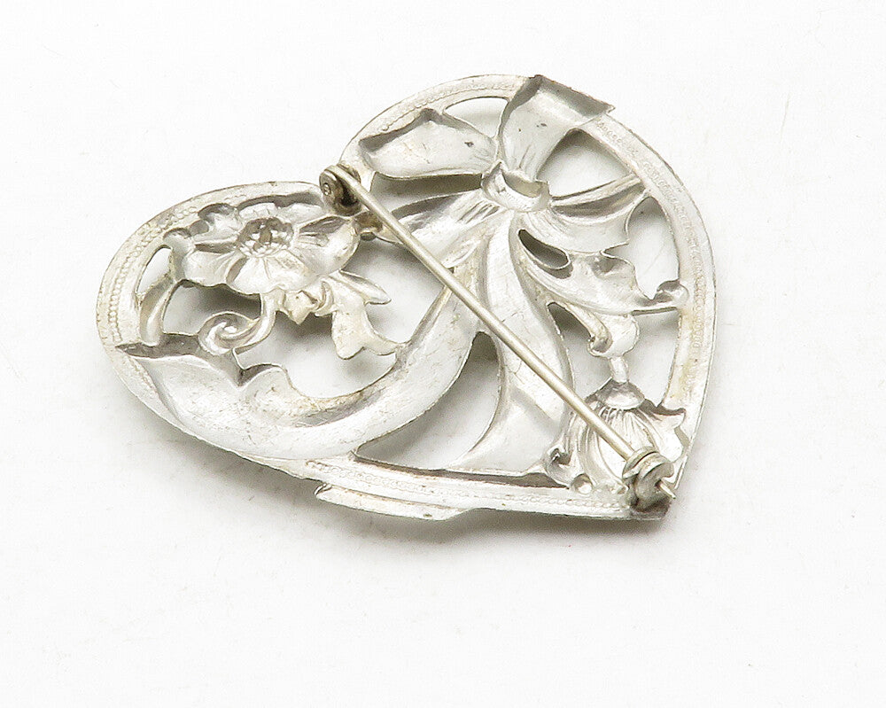 925 Sterling Silver  Vintage Floral Ribbon Bow Love Heart Brooch Pin  BP4826