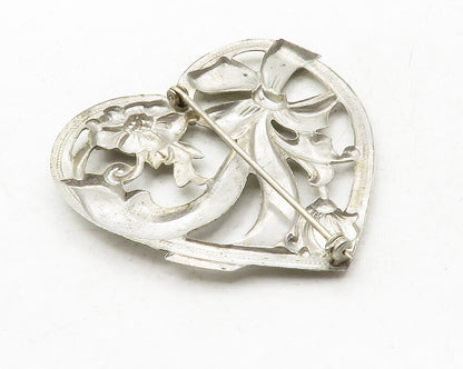 925 Sterling Silver  Vintage Floral Ribbon Bow Love Heart Brooch Pin  BP4826