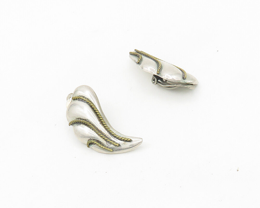 MEXICO 925 Silver  Vintage Two Tone Rope Twist Non Pierce Earrings  EG9305