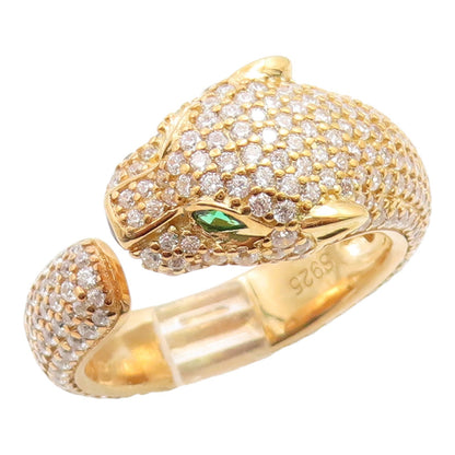 925 Sterling Silver Vintage Ring Gold Plated Emerald Panther Head Sz 8.5 RG35485