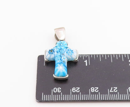 925 Sterling Silver Vintage Pendant JEAN K Murano Glass Religious Cross  PT26519