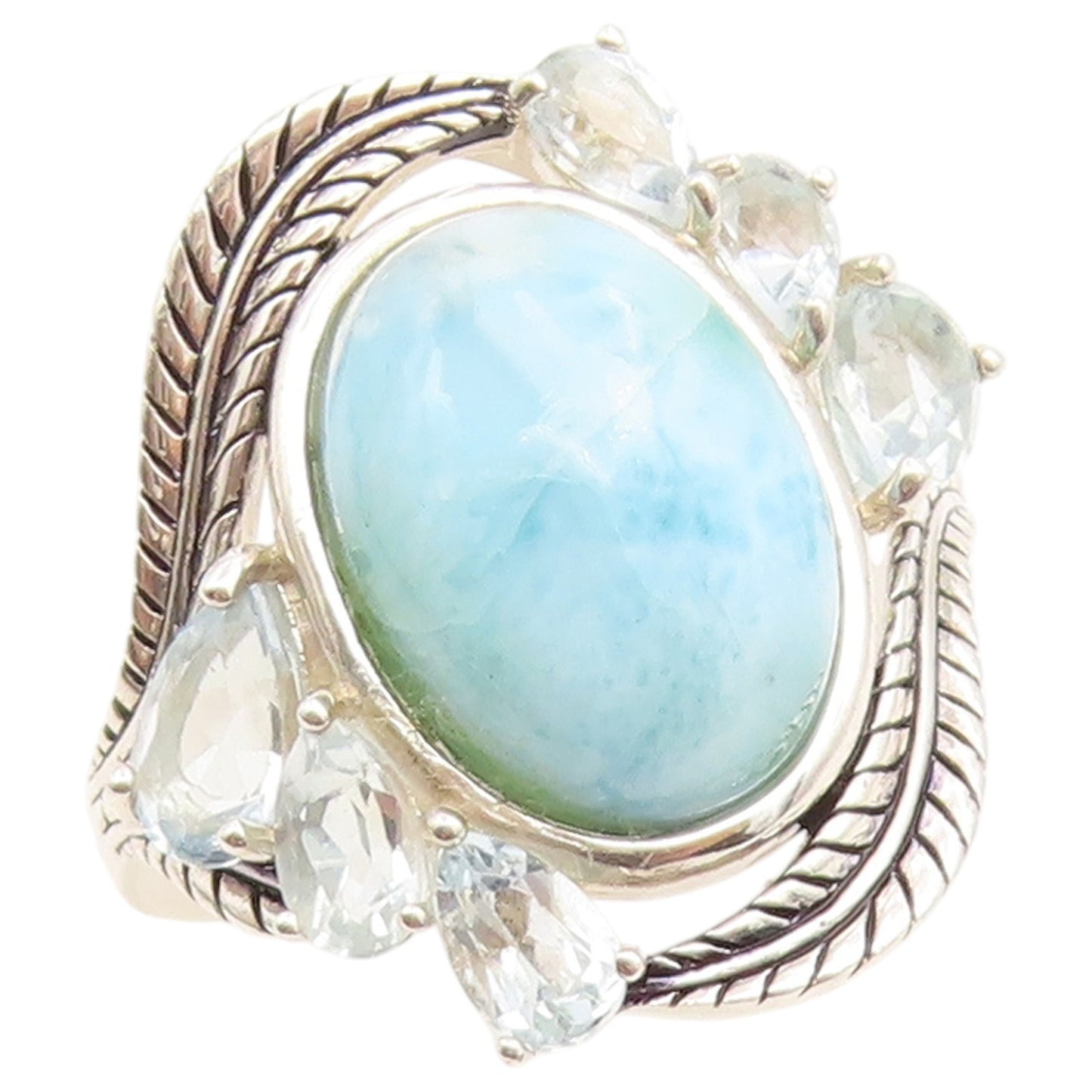 925 Sterling Silver Vintage Ring Larimar & Aquamarine Feather Band Sz 8 RG36758