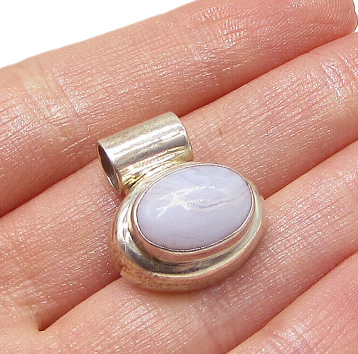 MEXICO 925 Silver  Vintage Cabochon Cut Laced Blue Agate Slider Pendant  PT2398