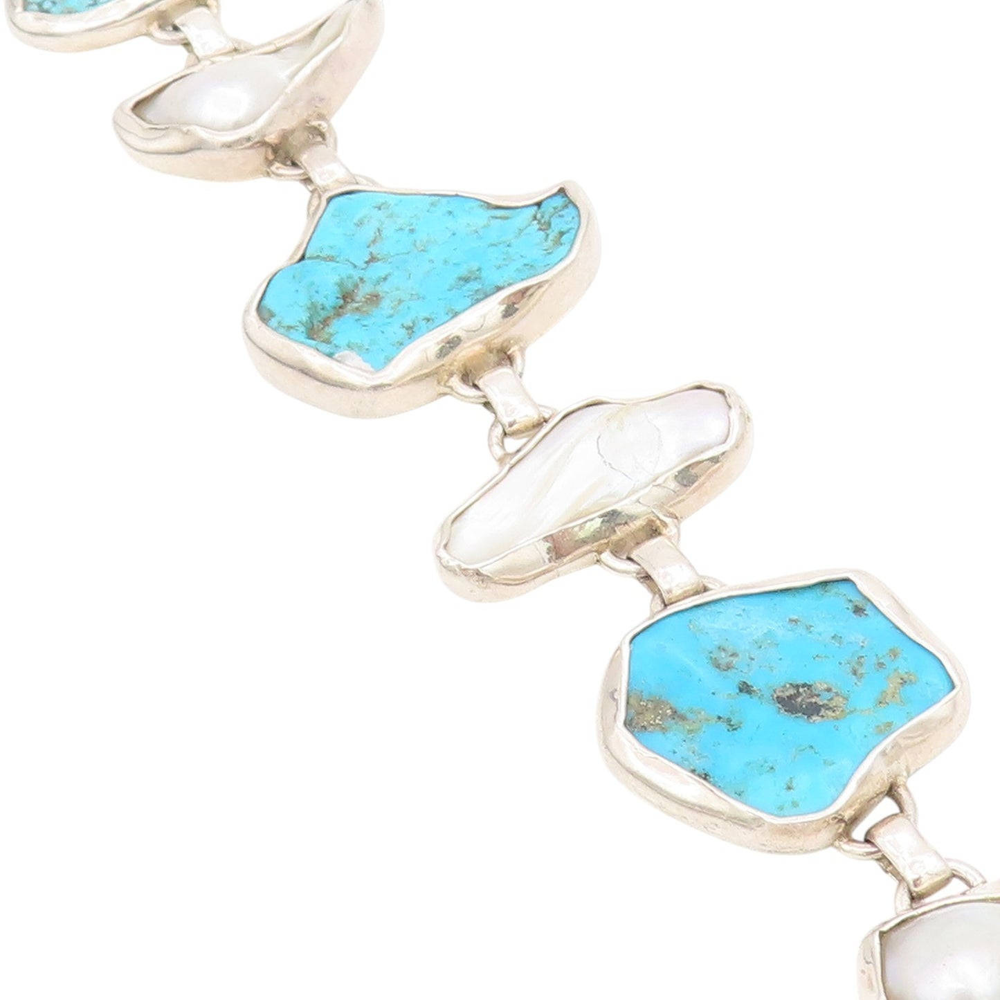 925 Sterling Silver Vintage Bracelet Modernist Pearl & Turquoise Link  BT11637