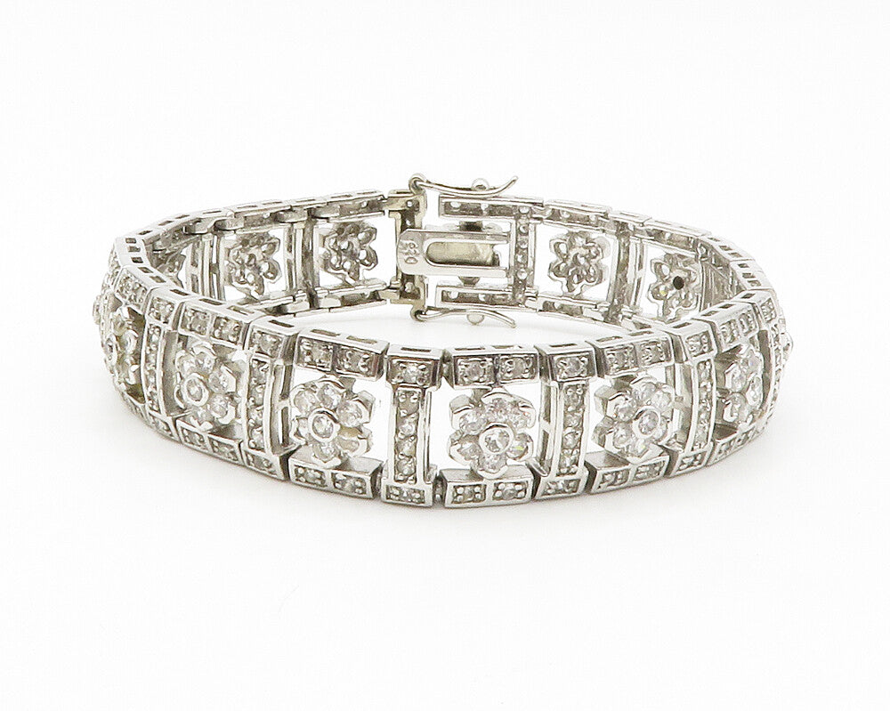 925 Sterling Silver  Shiny Cubic Zirconia Floral Link Chain Bracelet  BT5239