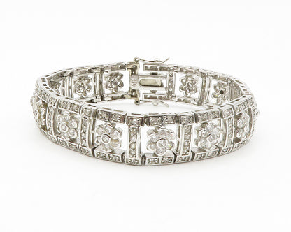 925 Sterling Silver  Shiny Cubic Zirconia Floral Link Chain Bracelet  BT5239
