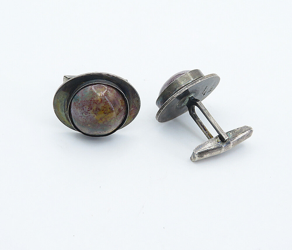 BEBE 925 Sterling Silver  Vintage Cabochon Cut Jasper Round Cuff Links  TR1295
