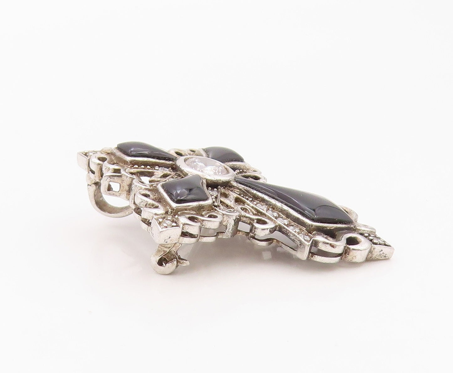 925 Sterling Silver Vintage Brooch Pin Onyx & Topaz Religious Cross  BP12576