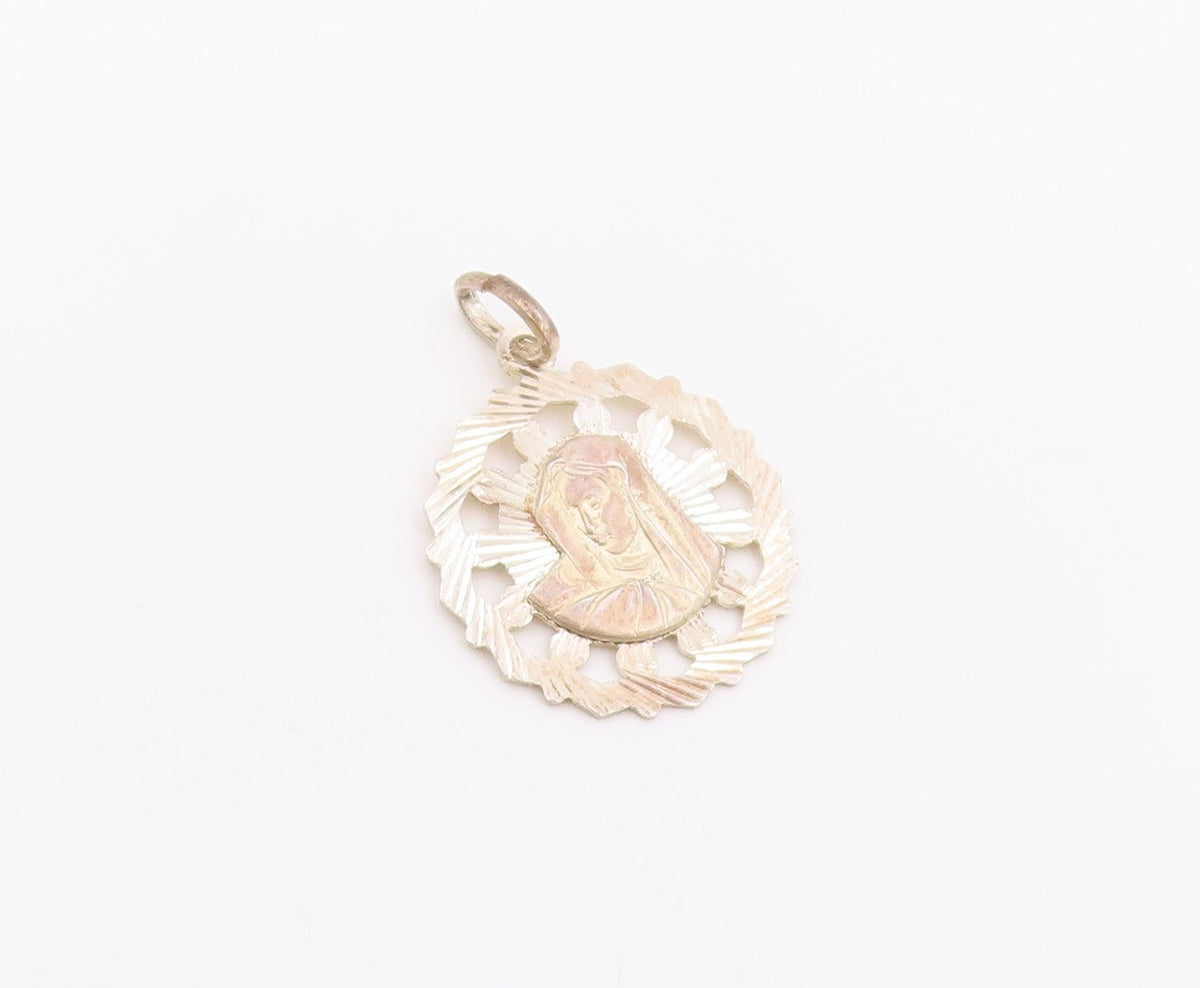 925 Sterling Silver Vintage Pendant VIOR Etched Holy Virgin Mary Medal  PT26398