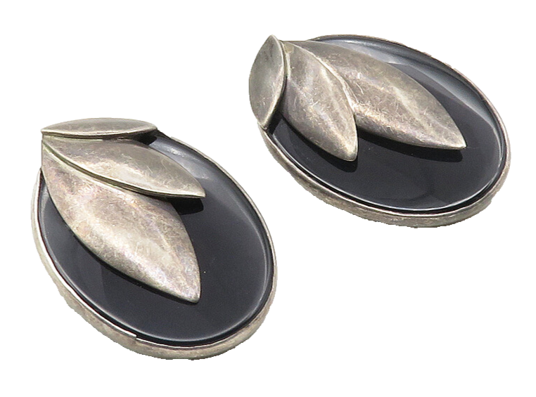 TURE MEXICO 925 Sterling Silver  Vintage Black Onyx Non Pierce Earrings EG5075