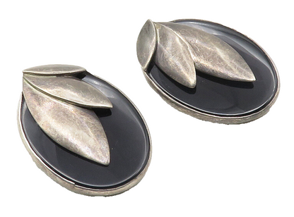 TURE MEXICO 925 Sterling Silver  Vintage Black Onyx Non Pierce Earrings EG5075