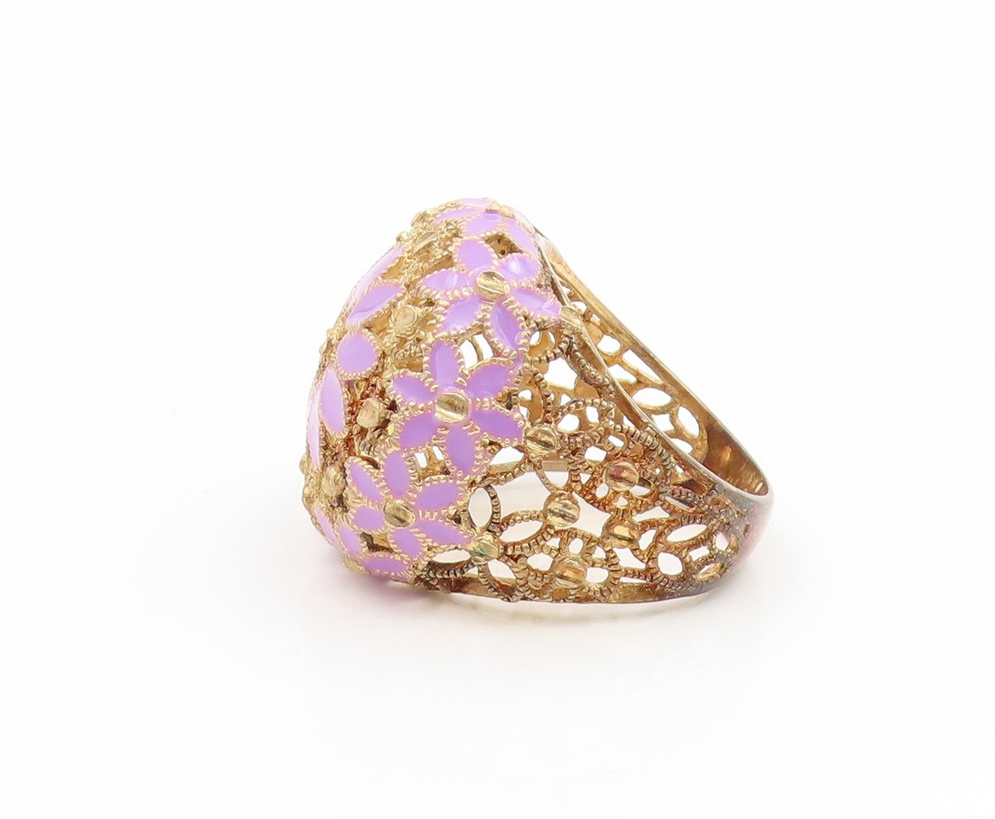 925 Sterling Silver Vintage Ring Gold Plated Enamel Floral Dome  Sz 7  RG35113