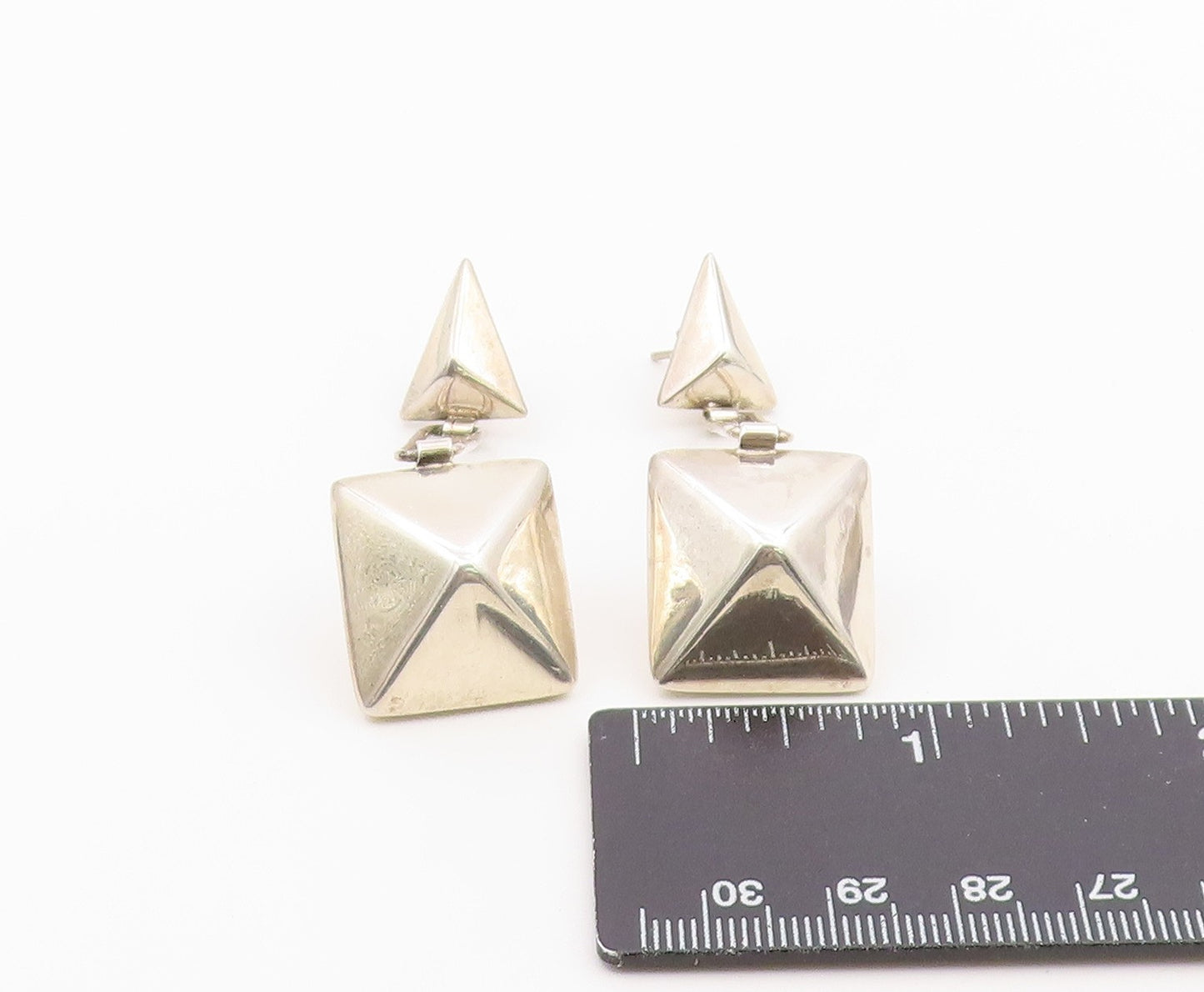 925 Sterling Silver Vintage Earrings 3D Geometric Pyramid Linear Drop  EG14422