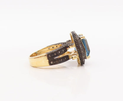 925 Sterling Silver Vintage Ring Gold Plated Diamonds & Blue Topaz Sz 6  RG29918