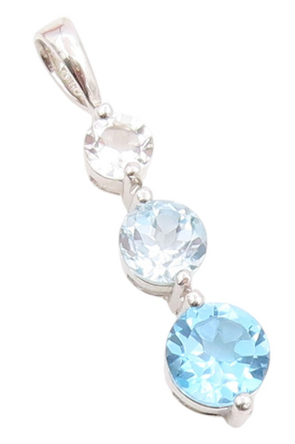 925 Sterling Silver Vintage Pendant Blue & White Topaz Three Stone Drop  PT25436