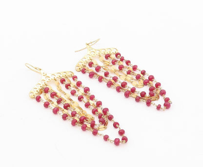 925 Sterling Silver Vintage Earrings Gold Plated Dangling Beaded Ruby  EG13162