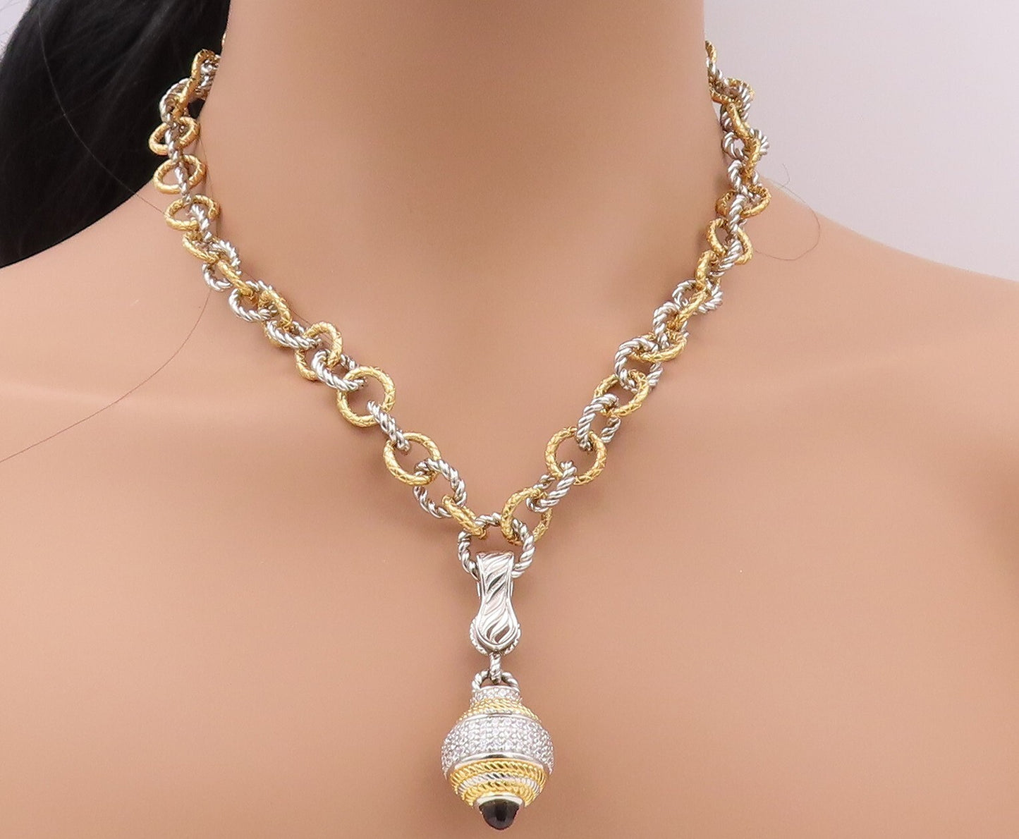 925 Sterling Silver Vintage Necklace Gold Plated Rope Rings CZ Inlay Ball NE4375