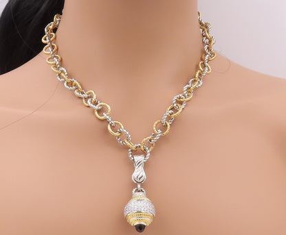 925 Sterling Silver Vintage Necklace Gold Plated Rope Rings CZ Inlay Ball NE4375
