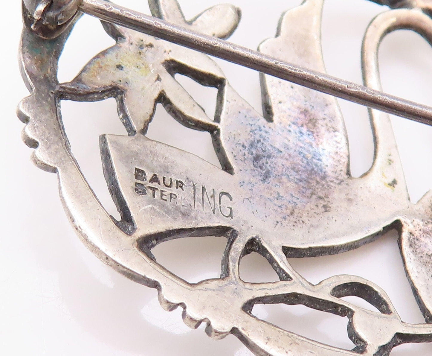 925 Sterling Silver Vintage Brooch  BAUR Cutout Stork & Floral Design  BP11552