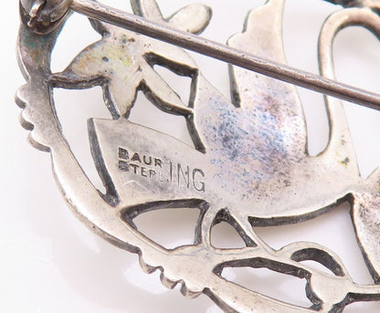925 Sterling Silver Vintage Brooch  BAUR Cutout Stork & Floral Design  BP11552