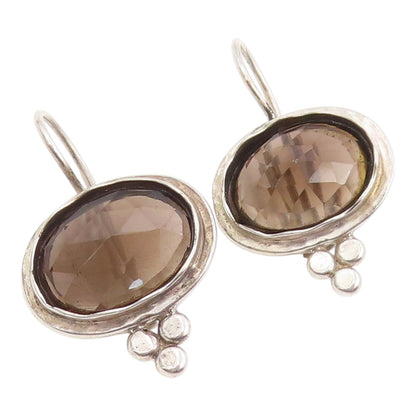 925 Sterling Silver Vintage Earrings Classic Faceted Smoky Quartz Drop  EG14276