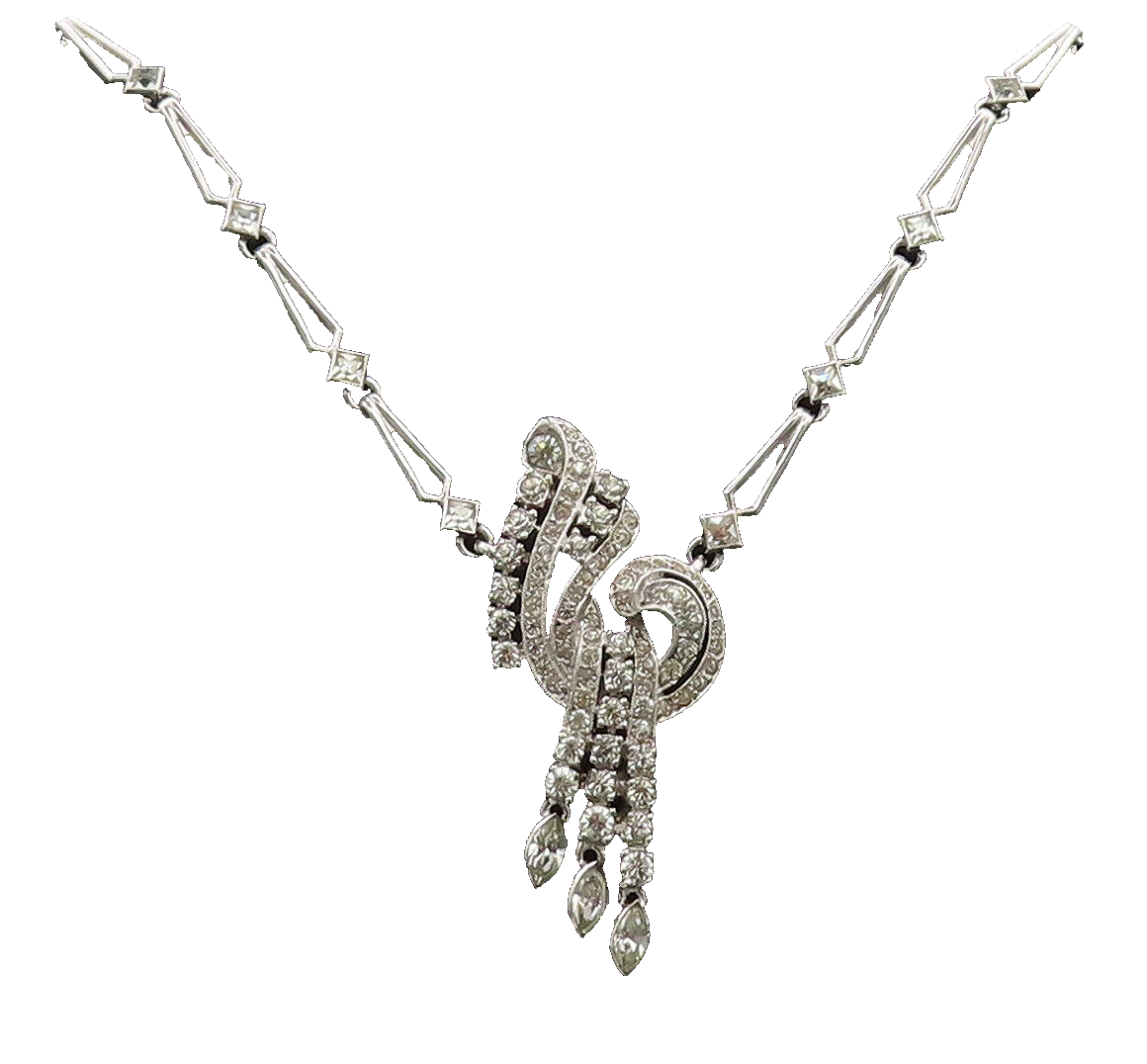 925 Sterling Silver  Vintage Swirly Rhinestone Musical Note Necklace  NE4076