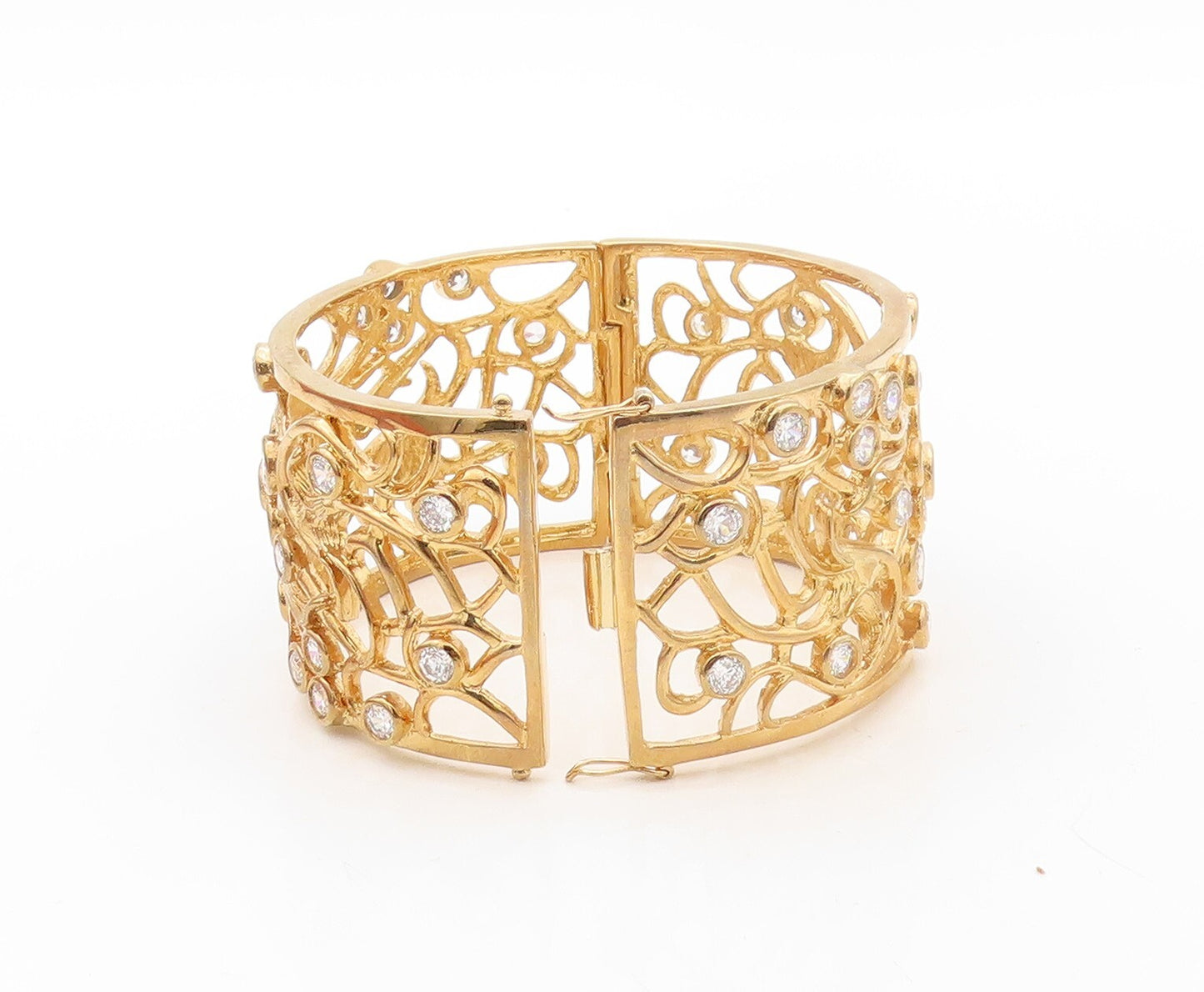 925 Sterling Silver Vintage Bracelet Gold Plated Heavy CZ Carved Ornate  BT10726