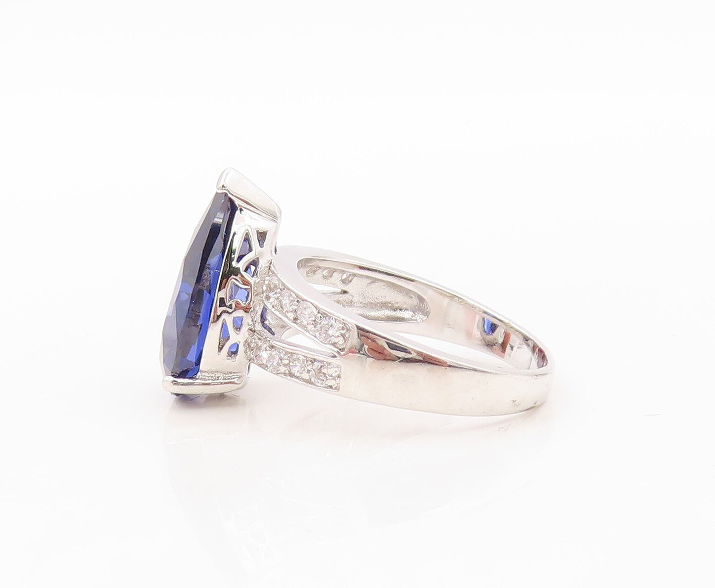 925 Sterling Silver Vintage Ring Drop Cut Sapphire & CZ Cutout Band Sz 7 RG30656