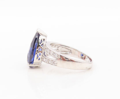 925 Sterling Silver Vintage Ring Drop Cut Sapphire & CZ Cutout Band Sz 7 RG30656