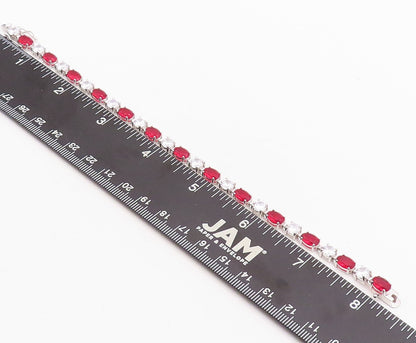 925 Sterling Silver Vintage Bracelet Minimalist Oval Cut Red & White CZ  BT10882