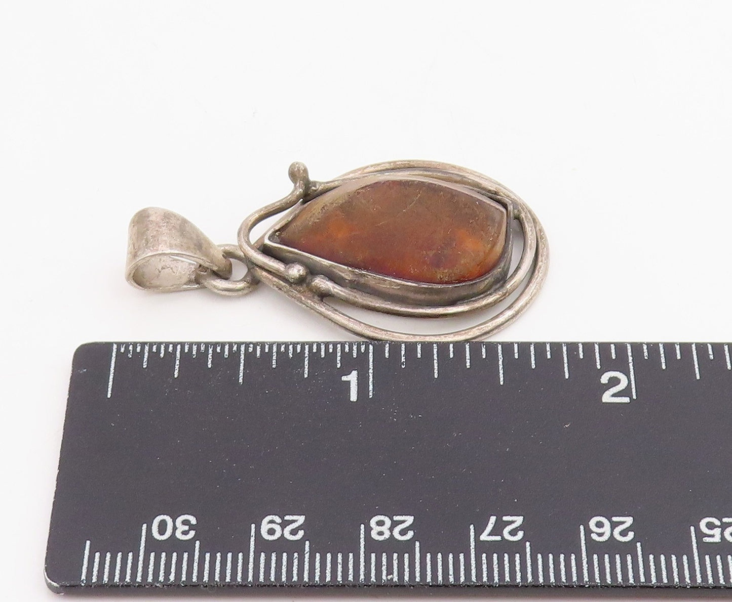 925 Sterling Silver Vintage Pendant Modernist Amber Wire Wrapped Drop  PT25869