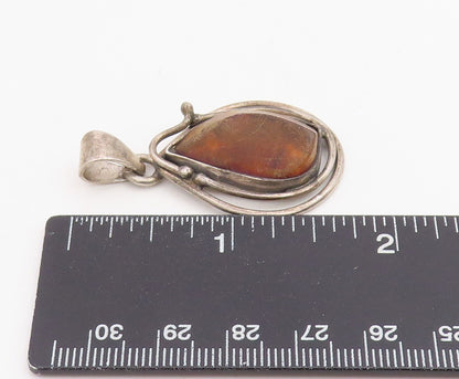 925 Sterling Silver Vintage Pendant Modernist Amber Wire Wrapped Drop  PT25869