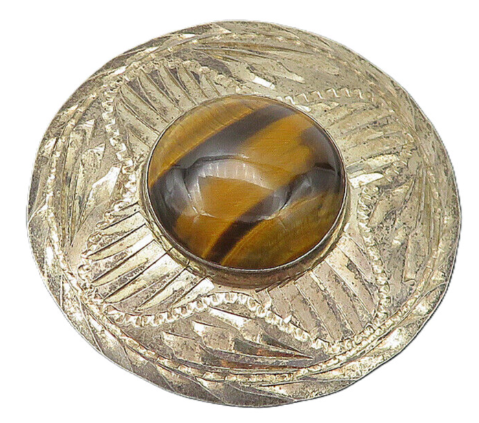 MEXICO 925 Sterling Silver  Vintage Tiger's Eye Shiny Etched Brooch Pin BP4338
