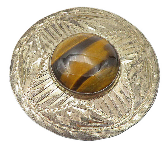 MEXICO 925 Sterling Silver  Vintage Tiger's Eye Shiny Etched Brooch Pin BP4338