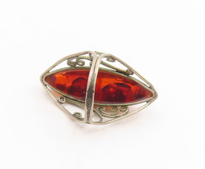 925 Sterling Silver Vintage Ring Cabochon Honey Amber Scroll Band  Sz 8  RG35945