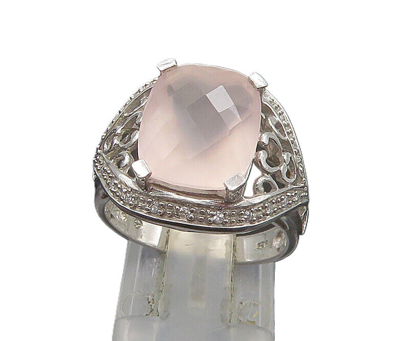 925 Silver  Vintage Rose Quartz & Diamonds Cocktail Ring Sz 7.5  RG23091