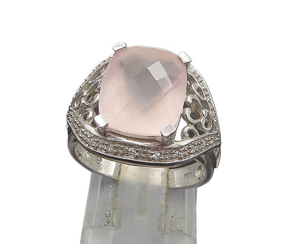 925 Silver  Vintage Rose Quartz & Diamonds Cocktail Ring Sz 7.5  RG23091