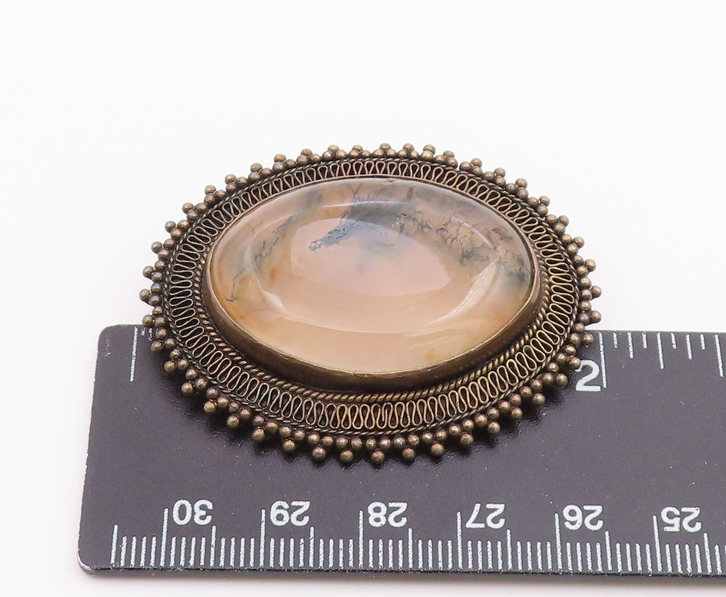 ISRAEL 925 Silver  Vintage Beaded Border Oval Moss Agate Brooch Pin  BP9549