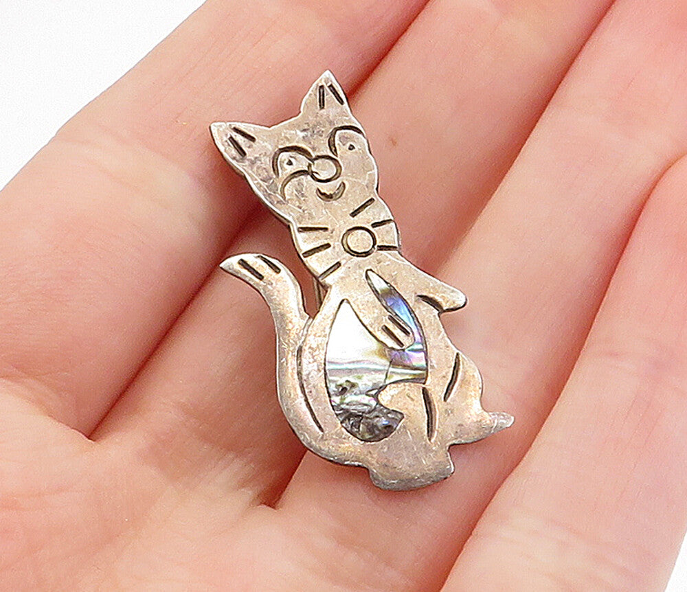 MEXICO 925 Sterling Silver  Vintage Abalone Sitting Cats Brooch Pin  BP1250