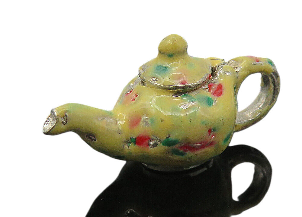 925 Sterling Silver  Vintage Enamel Tea Pot Motif Pendant (OPENS)  PT9045