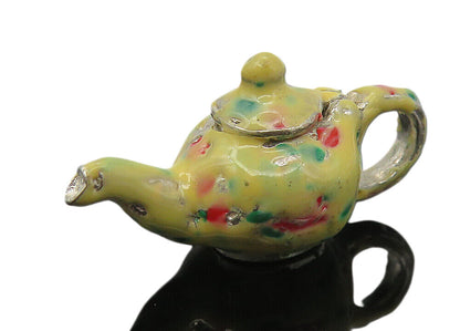 925 Sterling Silver  Vintage Enamel Tea Pot Motif Pendant (OPENS)  PT9045
