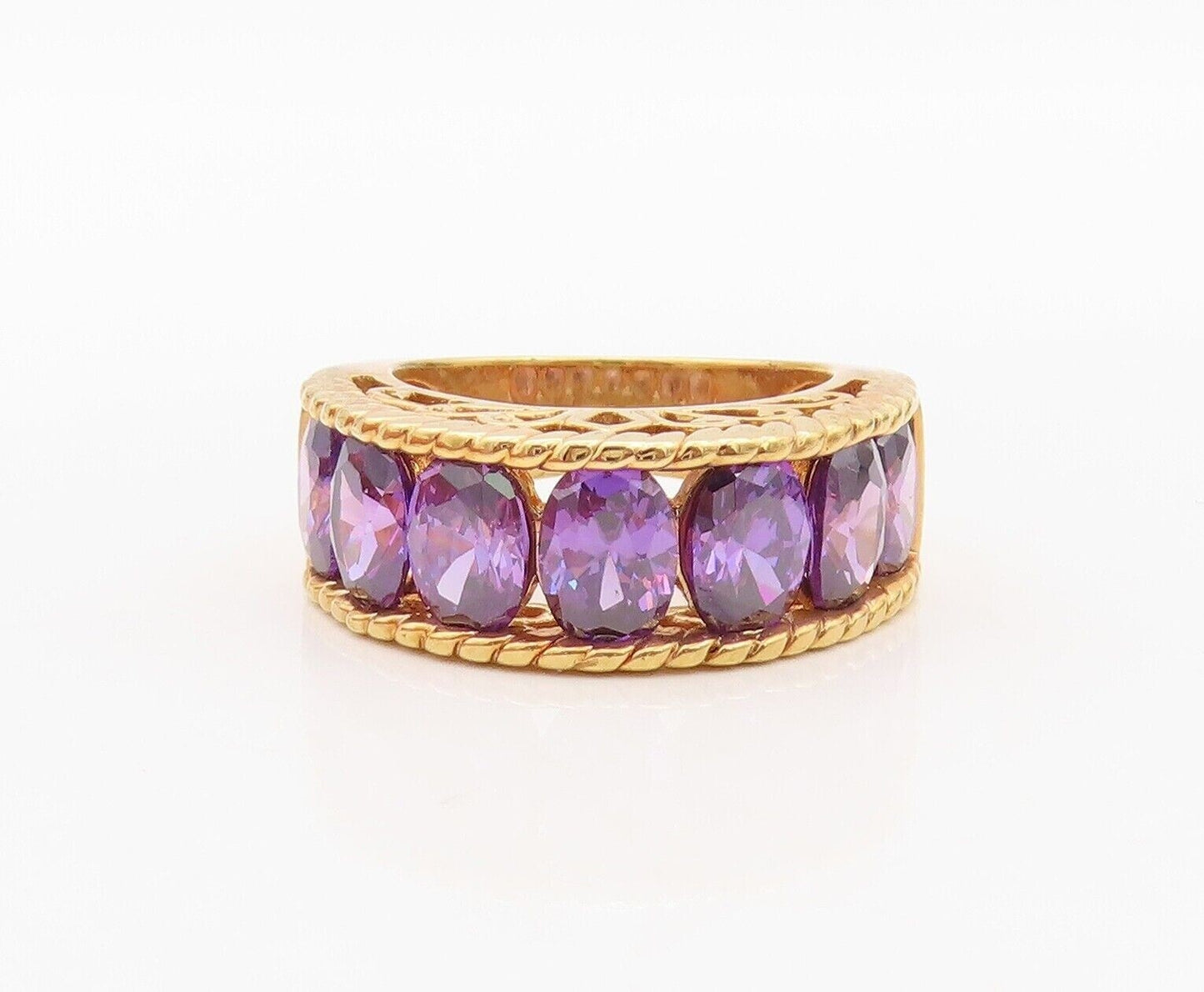 925 Sterling Silver Vintage Ring Gold Plated Carved Amethyst Band  Sz 7  RG30071