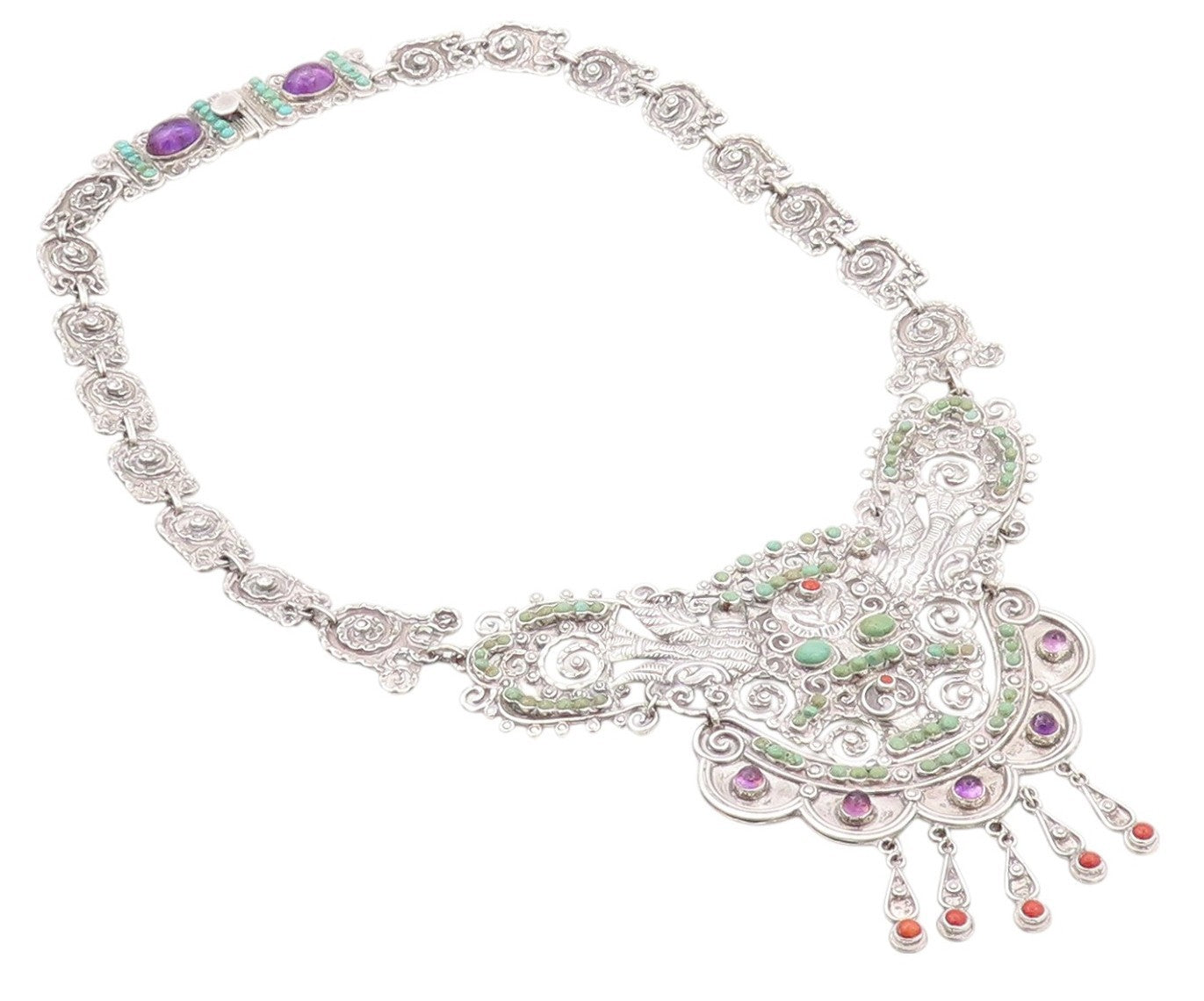 925 Sterling Silver Vintage Necklace MEXICO Real Multi Gemstones Royal  NE4487