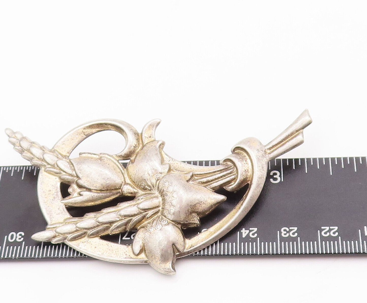 925 Sterling Silver Vintage Brooch Pin Solid Floral Bouquet Carved  BP10940