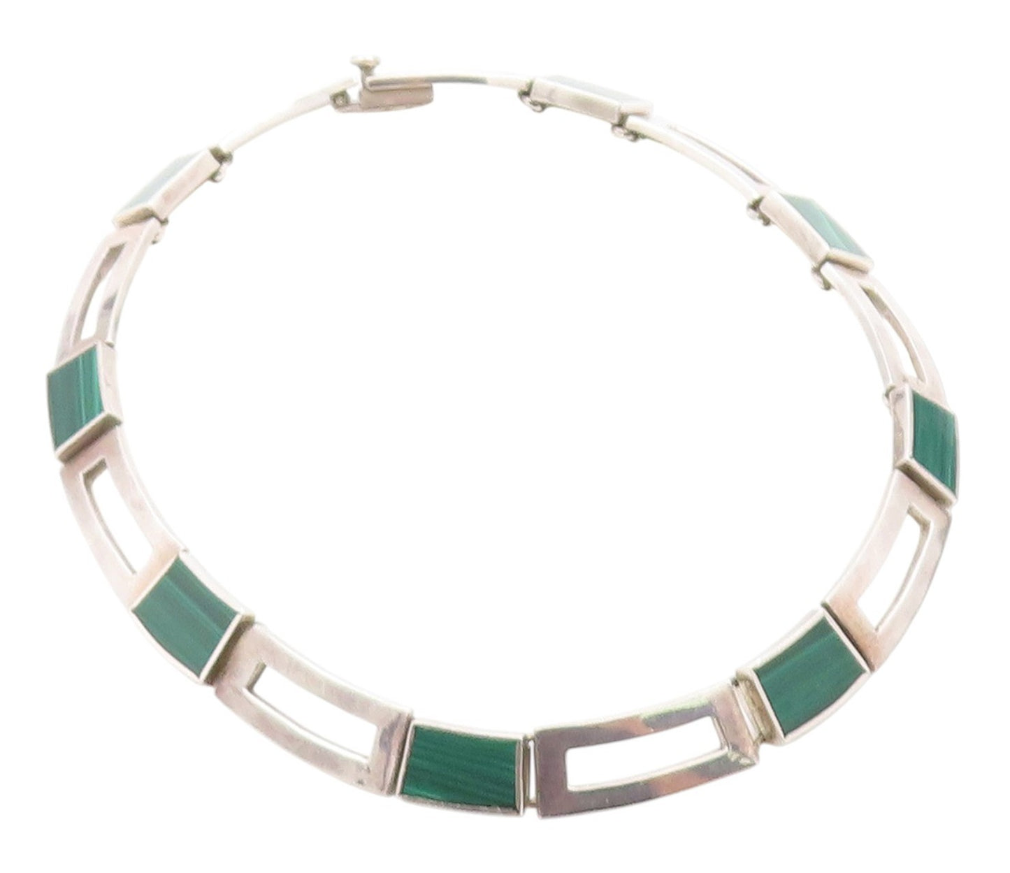 925 Sterling Silver Vintage Necklace MEXICO Malachite Geometric Collar  NE4648